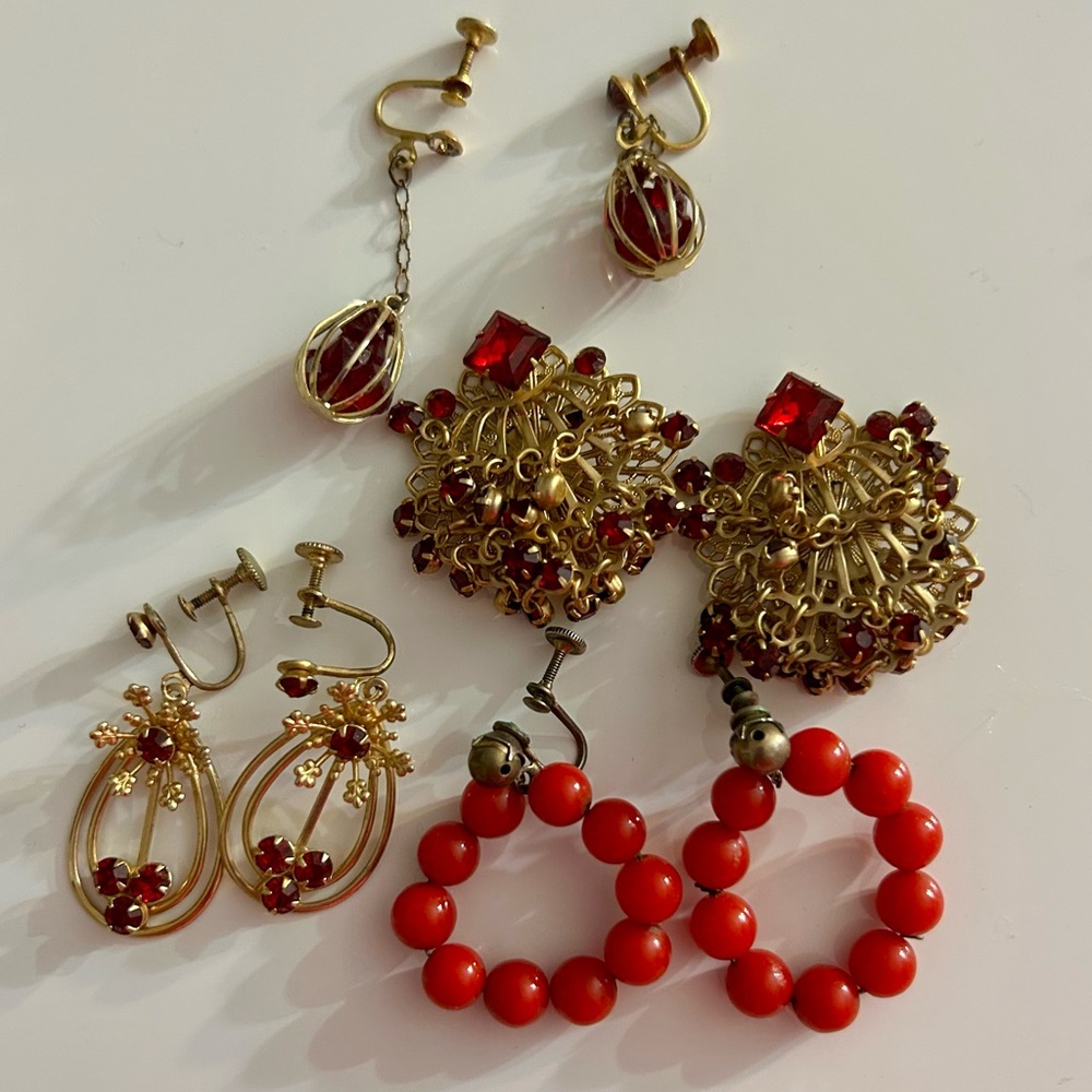 AMAZING SET 4 Pair vintage earrings RED crystals and beads